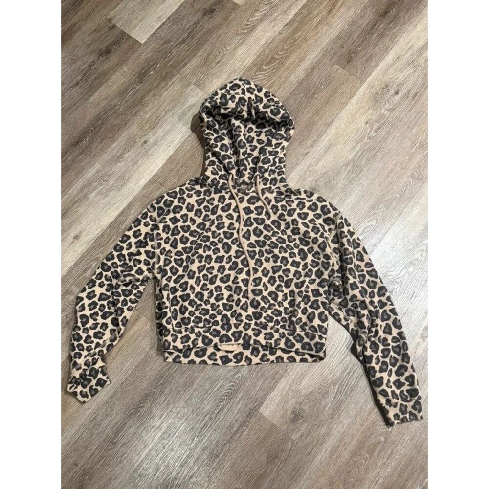 Abercrombie & Fitch Soft A&F Leopard Print Cropped Hoodie Sweatshirt Size S Tan